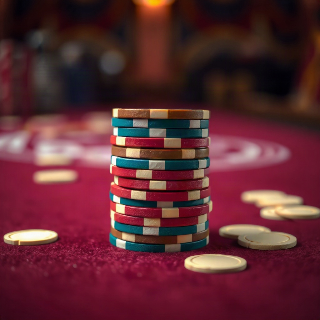 Stack of casino chips on burgundy felt